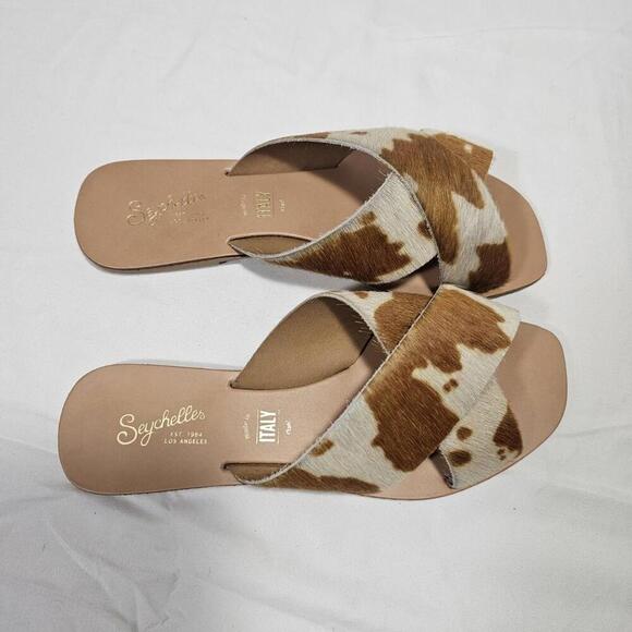 Seychelles Brown Tan Cow Calf Hair Sandals W 7.5 Slides NEW Boho Coastal Cowgirl - Picture 2 of 6